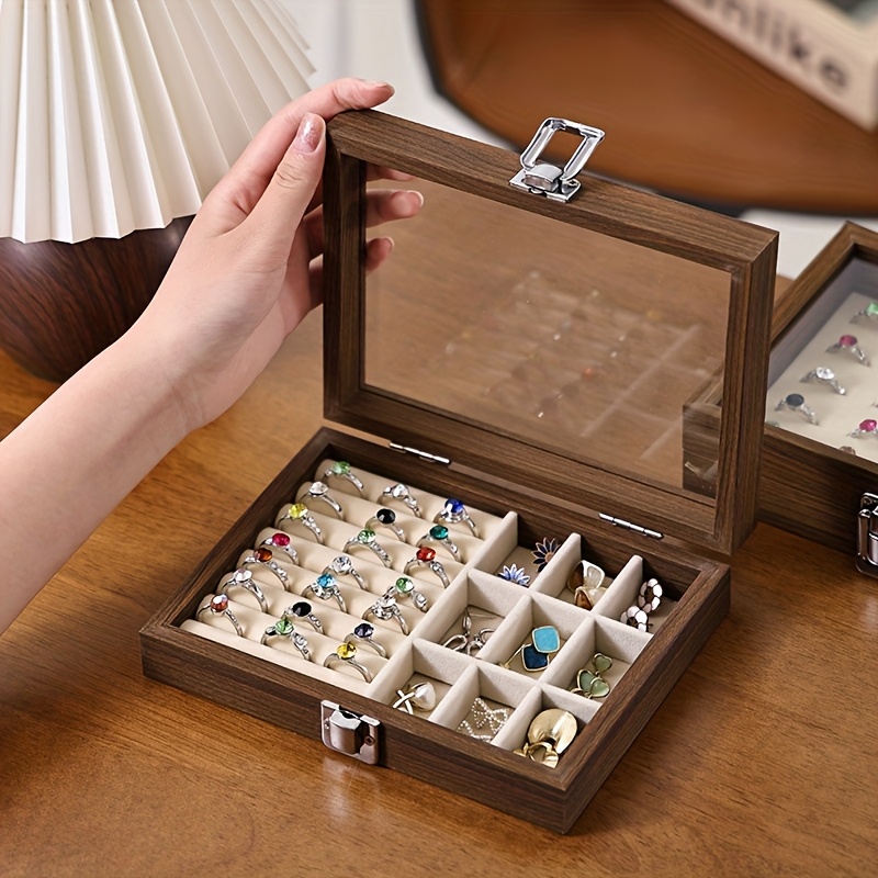 Vintage Wooden Jewelry Organizer Box with Glass Lid